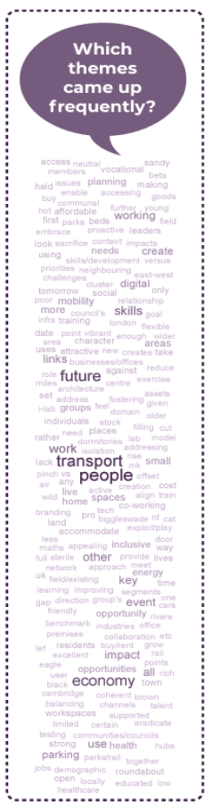 Word cloud showing themes raised by local businesses during engagement for Central Bedfordshire 2050, including “people”, “transport”, “future”, “skills”, “working”, “digital”, “economy”, and “opportunities”.