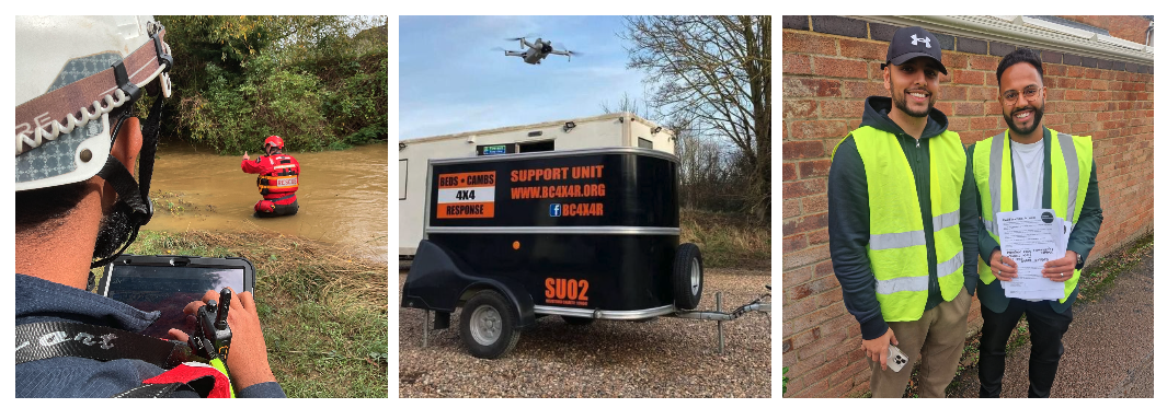 Image 1: A rescue worker in full gear stands in a flooded area, preparing for a rescue operation. Another team member in the foreground operates a drone or device, capturing footage or monitoring the situation remotely, highlighting the use of technology in managing the response to flooding.<br />
Image 2: A support unit trailer, labeled with the Beds & Cambs 4x4 Response logo, is parked outdoors, with a drone hovering above. The trailer is used for rescue and support operations during emergency responses like floods, emphasizing the role of volunteers and specialized equipment.<br />
Image 3: Two volunteers in high-visibility vests smile as they hold up forms or paperwork, demonstrating community involvement in the post-flood recovery efforts. The volunteers represent the local community's engagement in supporting flood-affected areas in Central Bedfordshire.