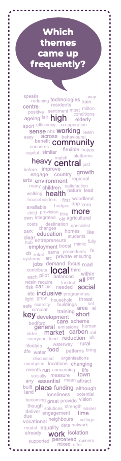 Word cloud showing themes raised by stakeholders during engagement for Central Bedfordshire 2050, including “community”, “health”, “work”, “education”, “growth”, “inclusive”, and “local”.