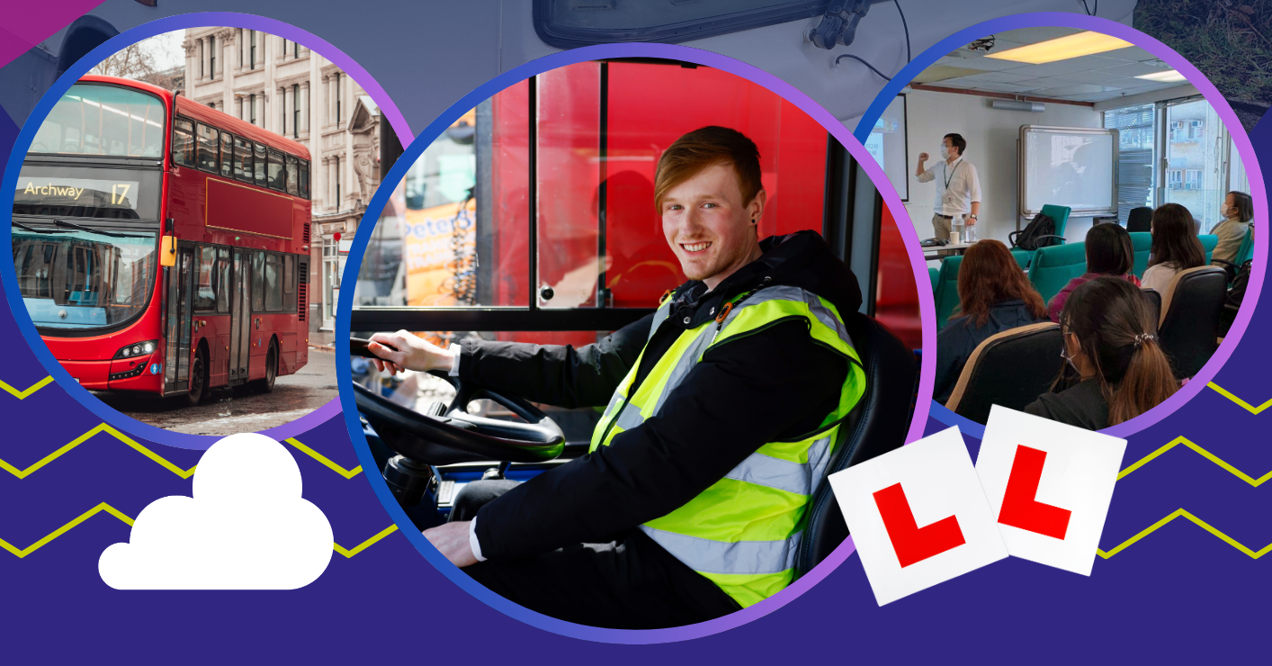 Banner image showing a double decker bus, a learner driver, a classroom with adult being taught and L plate graphics.