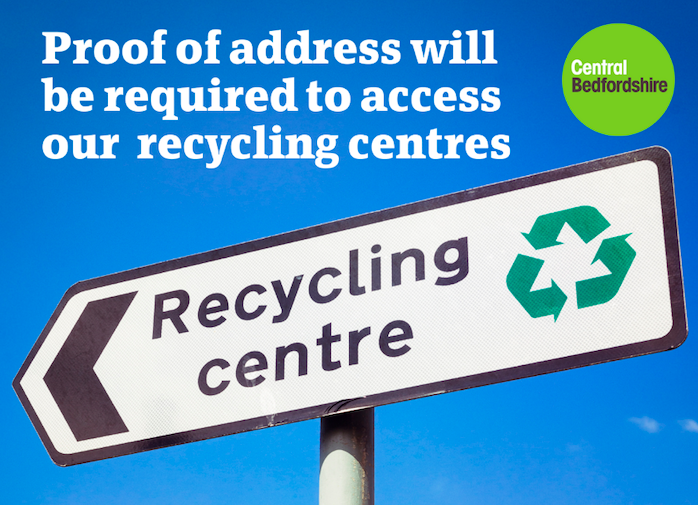 Recycling centres sign with proof of address text.
