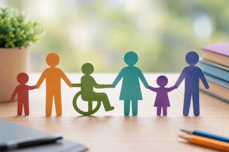 Illustration of diverse paper cut-out figures, including a wheelchair user, standing together holding hands on a table, symbolising inclusion, community support and collaboration.