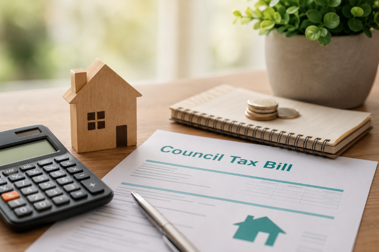 A calculator, wooden house model, coins, notebook and pen beside a generic council tax document, representing household finances, council tax and budgeting.