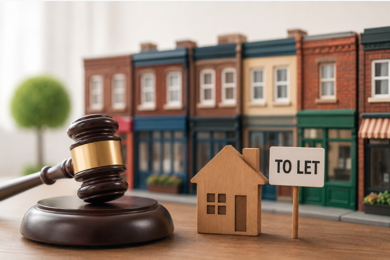 A wooden house model and auction gavel in front of a row of generic high street shopfronts, representing commercial property, vacant premises and high street rental auctions.