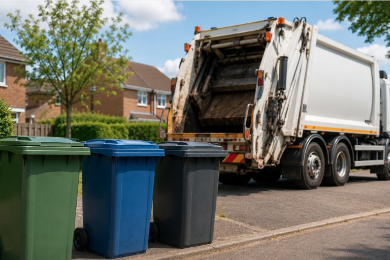 Three wheelie bins lined up on a residential street with a generic refuse collection vehicle in the background, representing household waste collection and recycling services.
