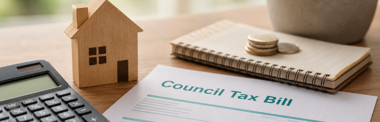 A calculator, wooden house model, coins, notebook and pen beside a generic council tax document, representing household finances, council tax and budgeting.