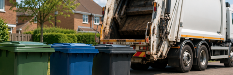 Three wheelie bins lined up on a residential street with a generic refuse collection vehicle in the background, representing household waste collection and recycling services.